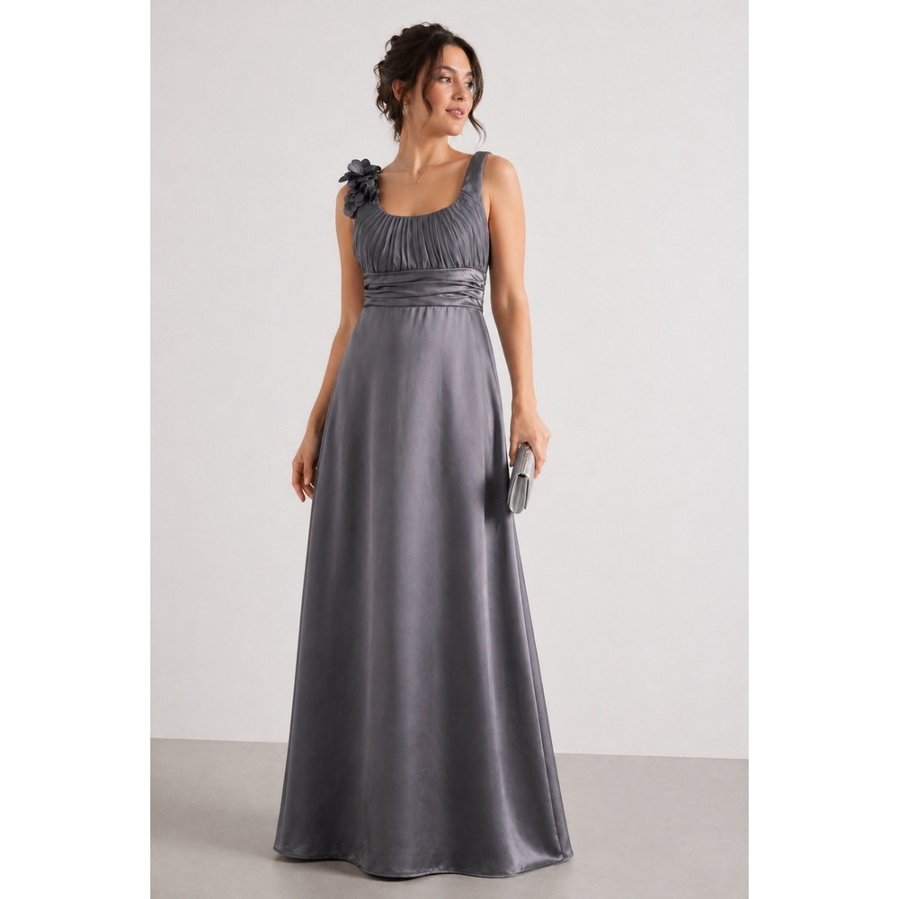David's Bridal Steel Gray Sleeveless Empire Waist Gown with Floral Shoulder